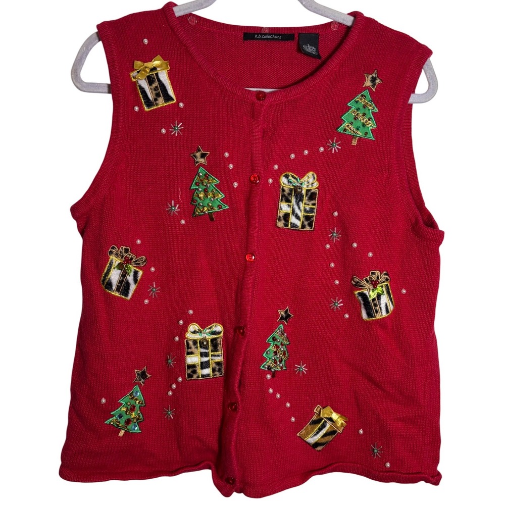 Vintage Red Christmas Knit Vest Animal Print Presents Pearls Bells Size L‎